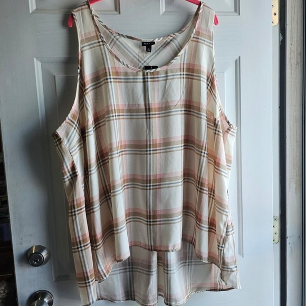 Torrid Washable Challis Hi-Lo Tank Top‎ Plaid Whisper White Pink Plus Size 4 4X